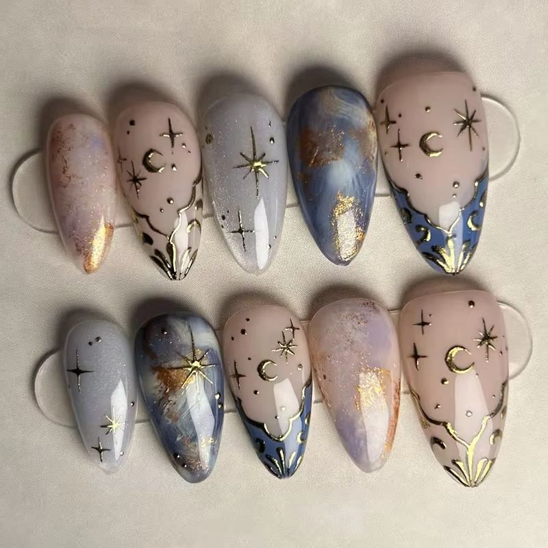 Nail Art Inspo - Zestaw 24 szt. krótkich, migdałowych paznokci,