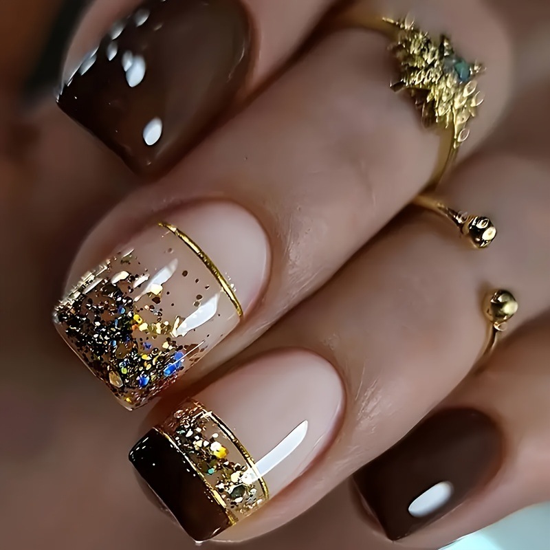 Nail Art Inspo - Krótkie kwadratowe sztuczne paznokcie dla kobiet,